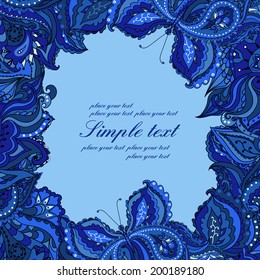 Abstract vector frame with curls and paisley elements in blue colors.