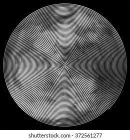 Abstract vector full moon shape. Hypnotic spiral line with different width creates the image of full moon with the craters. Optical illusion. Silhouette of a white moon isolated on a black background.