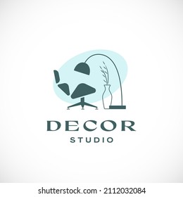 Abstract Vector Furniture and Interior Decor Studio Sign, Symbol, Logo Template. Minimalism Chair and Floor Lamp with Vase Silhouette. Premium Quality Business Emblem Isolated