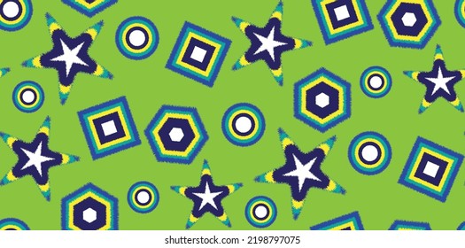 Abstract Vector Furry Geometric Shapes Seamless Pattern Stars Squares Circles Hexagons Kid Concept Minimalist Design Doodle Style Green Blue Tones