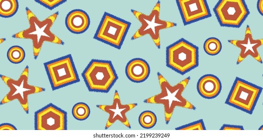 Abstract Vector Furry Geometric Shapes Seamless Pattern Stars Squares Circles Hexagons Kid Concept Minimalist Design Doodle Style Mint Blue Background