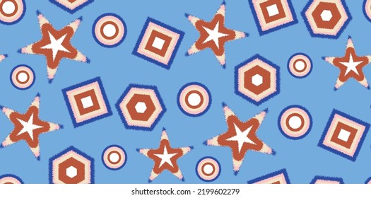 Abstract Vector Furry Geometric Shapes Seamless Pattern Stars Squares Circles Hexagons Kid Concept Minimalist Design Doodle Style Sky Blue Background