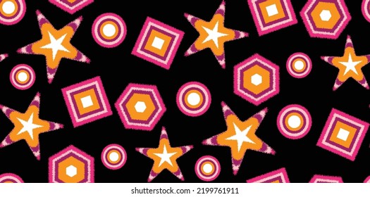 Abstract Vector Furry Geometric Shapes Seamless Pattern Stars Squares Circles Hexagons Kid Concept Minimalist Design Doodle Style Black Background