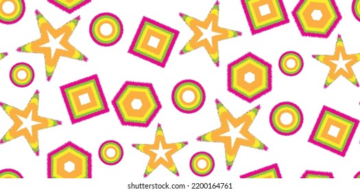 Abstract Vector Furry Geometric Shapes Seamless Pattern Stars Squares Circles Hexagons Kid Concept Minimalist Design Doodle Style Isolated White Background