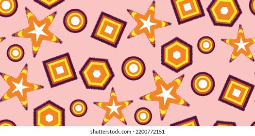 Abstract Vector Furry Geometric Shapes Seamless Pattern Stars Squares Circles Hexagons Kid Concept Minimalist Design Doodle Style Pastel Pink Background