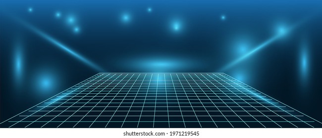 Abstract vector, futuristic, energy technology concept. Digital image of neon rays, polygons with blue light, speed and motion blur on dark blue background