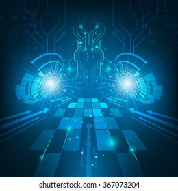 Abstract vector futuristic technology circuit board dark blue background with arrows, shiny effect and glitter.