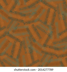 Abstract vector gauze brush effect rectangles seamless pattern background. Backdrop of scattered ochre green painterly striped shapes with spliced edges.Textured fibre weave band aid effect repeat