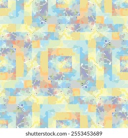 Abstract, vector, gender neutral, geometric mosaic design with pastel watercolors in yellow, blue, and lavender, ideal for digital backgrounds, stationery, and spring designs.