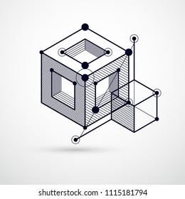 Abstract vector geometric 3D elements in futuristic style black and white template composition. Technical plan can be used in web design and as wallpaper or background.