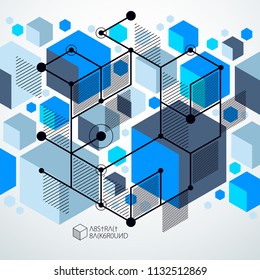 Abstract vector geometric 3D elements in futuristic style blue template composition. Technical plan can be used in web design and as wallpaper or background.