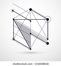 Abstract vector geometric 3D elements in futuristic style black and white template composition. Technical plan can be used in web design and as wallpaper or background.