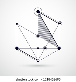 Abstract vector geometric 3D elements in futuristic style black and white template composition. Technical plan can be used in web design and as wallpaper or background.