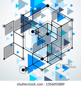 Abstract vector geometric 3D elements in futuristic style blue template composition. Technical plan can be used in web design and as wallpaper or background.