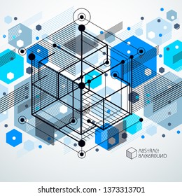 Abstract vector geometric 3D elements in futuristic style blue template composition. Technical plan can be used in web design and as wallpaper or background.