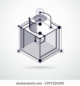 Abstract vector geometric 3D elements in futuristic style black and white template composition. Technical plan can be used in web design and as wallpaper or background.