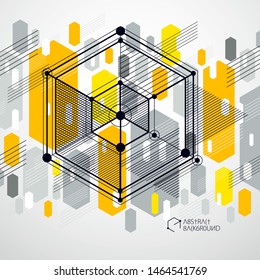 Abstract vector geometric 3D elements in futuristic style yellow template composition. Technical plan can be used in web design and as wallpaper or background.
