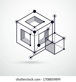 Abstract vector geometric 3D elements in futuristic style black and white template composition. Technical plan can be used in web design and as wallpaper or background.