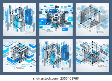 Abstract vector geometric 3D elements in futuristic style blue template compositions set. Technical plan can be used in web design and as wallpaper or background.