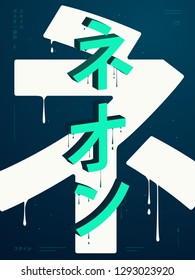 Abstract vector geometric background with 3D style japanese word (translation: «neon») on bright color with small text (translation: «poster design style»). Futuristic flyer EPS 10 illustration