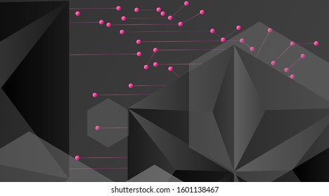 abstract vector geometric background. Dark gray vector polygonal template and pink line connected dots .Vector Illustration For Wallpaper, Banner, Background, Card, landing page , etc