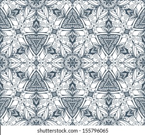 Abstract vector geometric background from flowers. Floral seamless geometric pattern. White backdrop with grey ornament. Decorative design element. White and gray hand drawn texture.