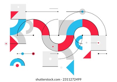 Abstract vector geometric background in tech mechanical engineering blueprint style, digital system wallpaper, technology mechanism draw in red and blue colors.