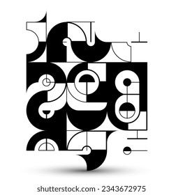Abstract vector geometric background, tech engineering look like shapes and lines composition, mechanical engine industry style, black and white.