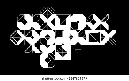 Abstract vector geometric background, tech engineering look like shapes and lines composition over dark, mechanical engine industry style, black and white.