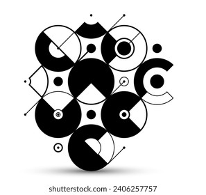 Abstract vector geometric background, tech engineering look like shapes and lines composition, mechanical engine industry style, black and white.
