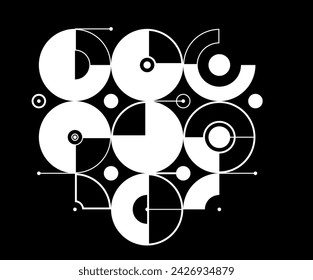 Abstract vector geometric background, tech engineering look like shapes and lines composition over dark, mechanical engine industry style, black and white.