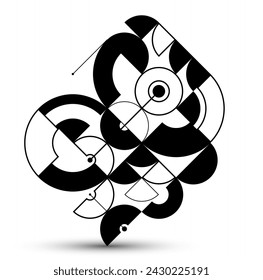 Abstract vector geometric background, tech engineering look like shapes and lines composition, mechanical engine industry style, black and white.