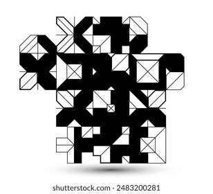 Abstract vector geometric background, tech engineering look like shapes and lines composition, mechanical engine industry style, black and white.