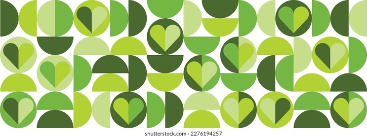 Abstract vector geometric  banner in green shades. Seamless bauhaus style pattern with hearts	