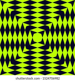 Abstract vector geometric checkered pattern. Seamless texture with diamond shapes. Optical illusion effect. Simple psychedelic background in vibrant colors, neon green and black. 1990s style design