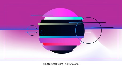 Abstract vector geometric composition with neon glowing sphere on blurred soft background. Glitch art effect.