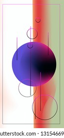 Abstract vector geometric composition with neon glowing sphere on blurred soft background. 