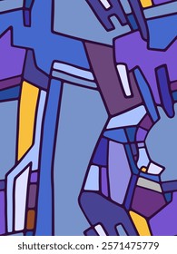 Abstract Vector Geometric Design with Bold Black Lines in Blue, Purple and Yellow Tones
