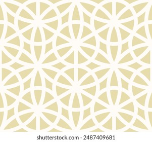 Abstract vector geometric golden seamless pattern. Stylish gold and white texture with lines, circles, triangles, floral silhouettes, lattice. Repeated ornamental luxury background in arabian style