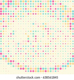 Abstract vector geometric halftone pattern with pink and blue dots on yellow background. Modern pop art graphic design with circles of different size arranged. Childrens circles background.