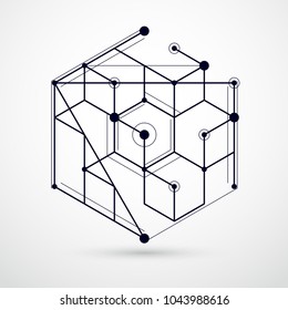Abstract vector geometric isometric black and white background. Mechanical scheme, vector engineering drawing with cube and geometric mechanism parts.