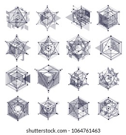 Abstract vector geometric isometric black and white backgrounds set. Mechanical scheme, vector engineering drawing with cube and geometric mechanism parts.