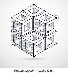 Abstract vector geometric isometric black and white background. Mechanical scheme, vector engineering drawing with cube and geometric mechanism parts.