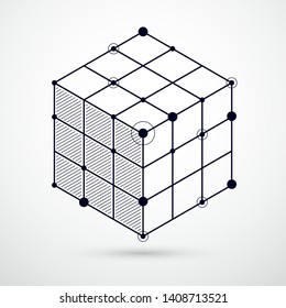 Abstract vector geometric isometric black and white background. Mechanical scheme, vector engineering drawing with cube and geometric mechanism parts.