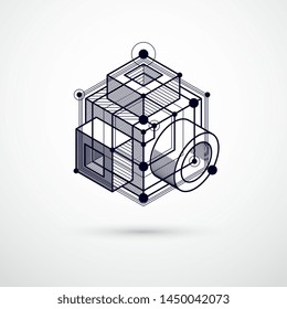 Abstract vector geometric isometric black and white background. Mechanical scheme, vector engineering drawing with cube and geometric mechanism parts.