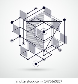 Abstract vector geometric isometric black and white background. Mechanical scheme, vector engineering drawing with cube and geometric mechanism parts.