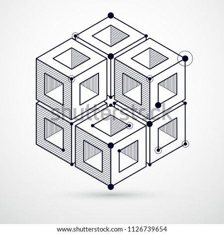 Abstract vector geometric isometric black and white background. Mechanical scheme, vector engineering drawing with cube and geometric mechanism parts.