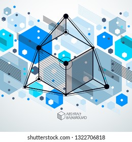 Abstract vector geometric isometric blue background. Mechanical scheme, vector engineering drawing with cube and geometric mechanism parts.
