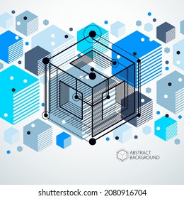 Abstract vector geometric isometric blue background. Mechanical scheme, vector engineering drawing with cube and geometric mechanism parts.