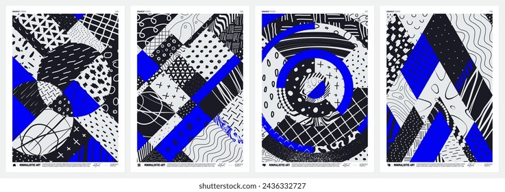 Abstract vector geometric mosaic Posters with bizarre monochrome motley pattern in patchwork style, Hand drawn modern wall art with aesthetic naive ornament, set 2